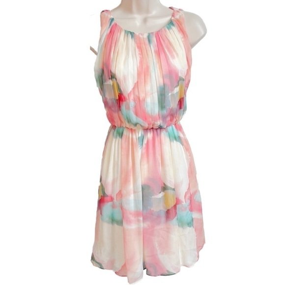 Alice + Olivia Mary Silk Blouson Mini Tank Dress Chiffon Pink White Blue XS - Picture 1 of 13